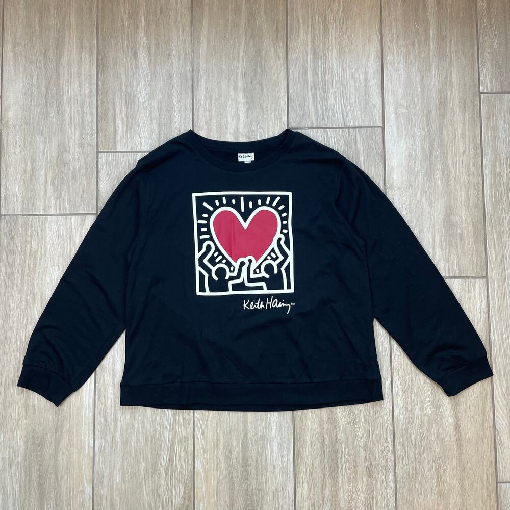 Keith Haring Sweatshirt Womens XXL Black Heart Pop Art Graphic Crewneck Pullover